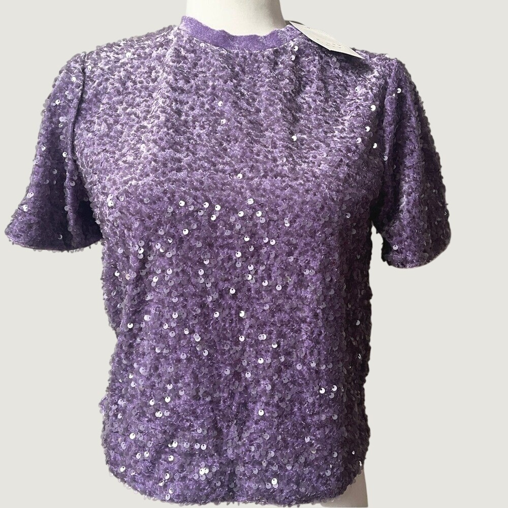 A New Day Purple Sequin Top Womens XS Short Sleeve Party Cocktail Holiday NWT - Picture 4 of 13